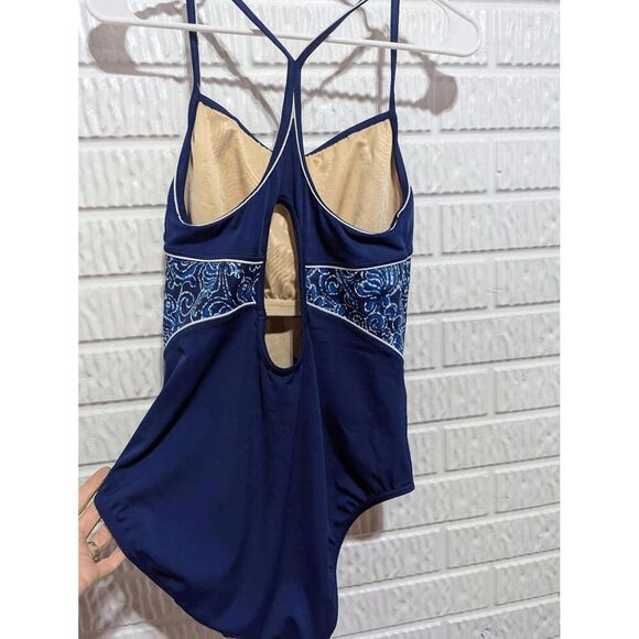 Lands' End Women's Blue Pattern Front Racerback One Piece Swimsuit Size 12 - Picture 2 of 6
